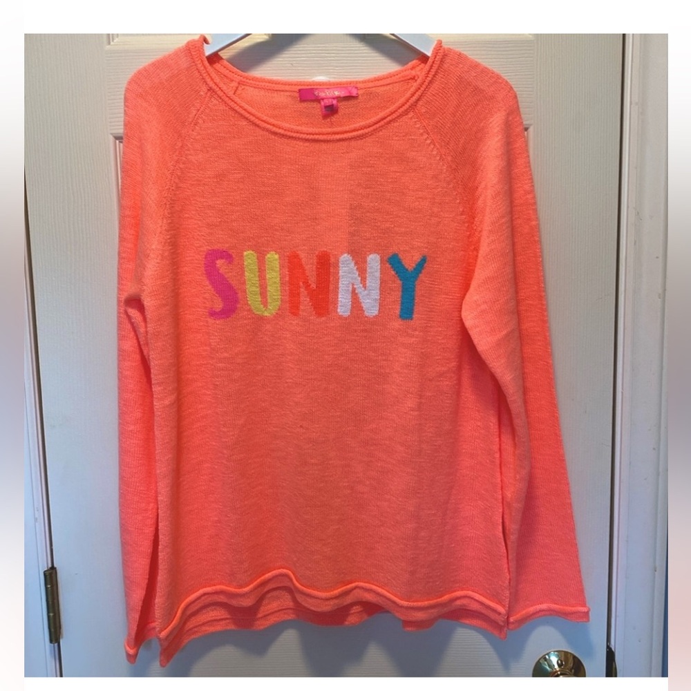 Lilly Pulitzer Dannette cotton like Sweather SUNNY Print Papaya Orange Sz. L NWT